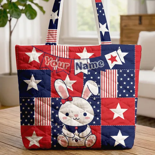 White Bunny Star Bunting Geometric Blocks - Patriotic Lifestyle for Kids Quilted Tote Bag