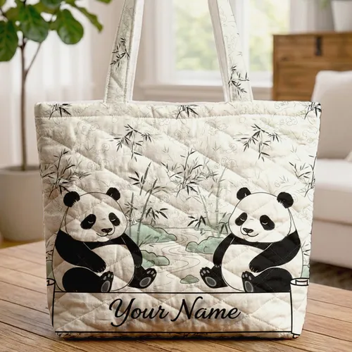 Panda Bamboo Leaves Cloud Stream Calligraphy Scroll - Wildlife Lover Gift Quilted Tote Bag