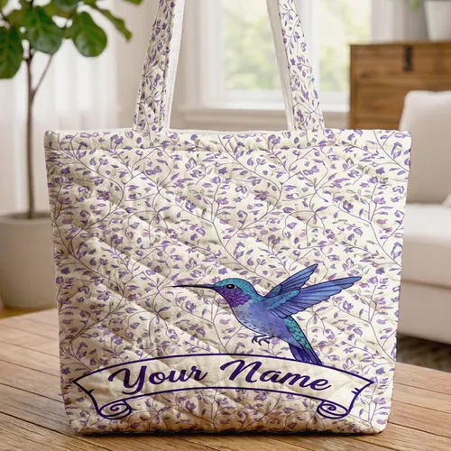Personalized Purple Hummingbird Floral Vines - Botanical Bird Lover Gift Quilted Tote Bag