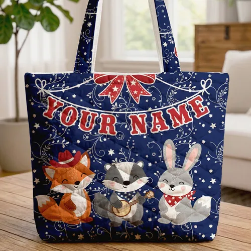 Red Bow White Stars Western Bunting Personalized - Independence Day Gift Quilted Tote Bag