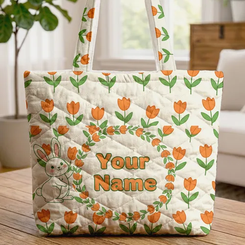 Orange Tulips Bunny Flower Wreath - Home Decor Gift for Gardeners & Plant Lovers Quilted Tote Bag