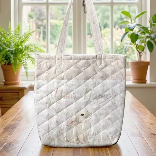 Bunny Wildflower Floral Wreath Personalized Name - Everyday Tote Gift Quilted Tote Bag