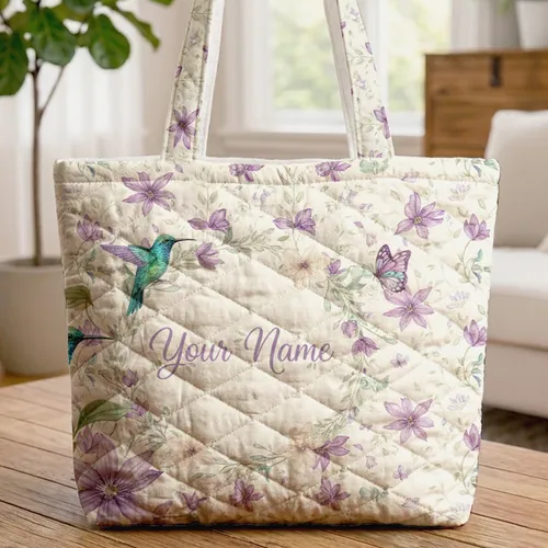 Clematis Hummingbird Butterfly Floral Wreath - Everyday Nature Lover Gift Quilted Tote Bag