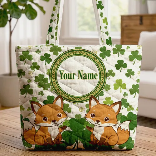 Baby Foxes Shamrocks Clover Celtic Knot Personal Name - Everyday Wildlife Lover Gift Quilted Tote Bag