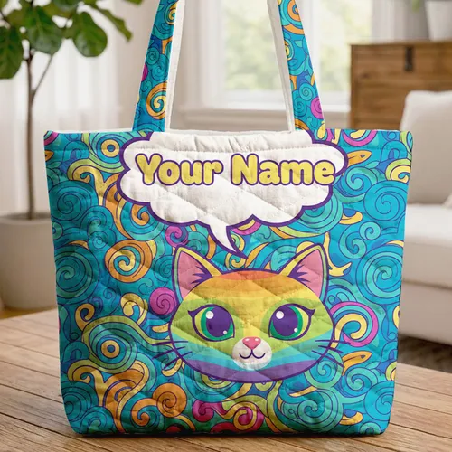 Rainbow Cat Speech Bubble Your Name Swirls - Everyday Tote Cat Lover Gift Quilted Tote Bag