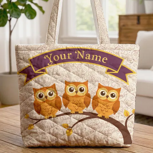 Three Owls on Branch Swirling Vines Musical Notes - Everyday Tote Quilted Tote Bag
