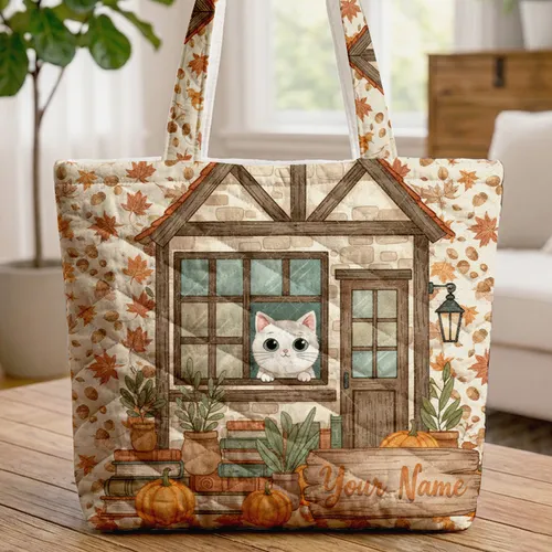 White Cat Bookstore Window Pumpkins Leaves - Personalized Autumn Gift for Book Lovers Quilted Tote Bag