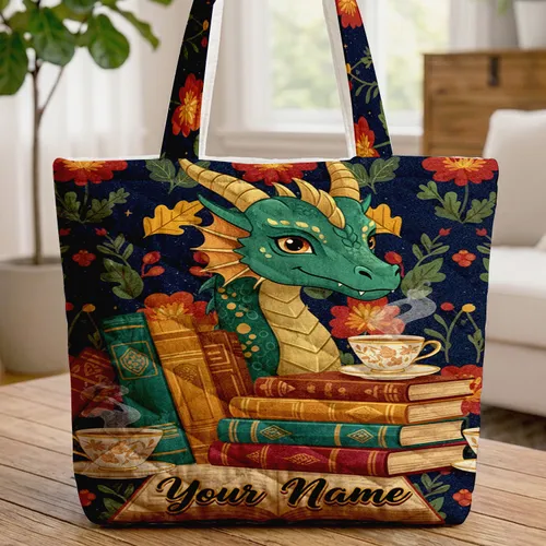 Green Gold Dragon Head Antique Books Teacups Personalized - Book Lover Gift Everyday Tote Quilted Tote Bag