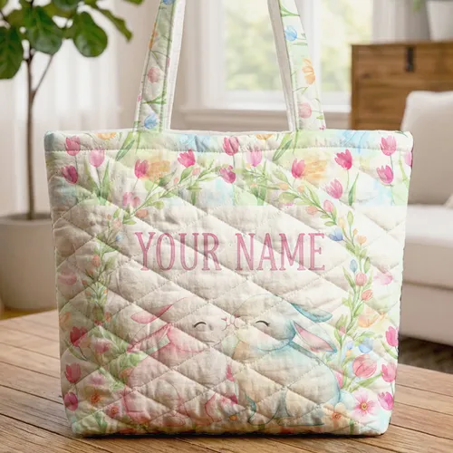 Bunnies Nuzzling Tulip Blooms Floral Wreath - Spring Season Everyday Tote Quilted Tote Bag