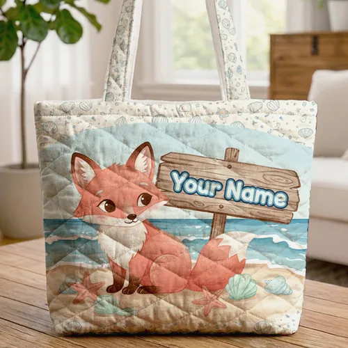 Personalized Fox Beach Seashells Sign - Seaside Vacation Gift Quilted Tote Bag