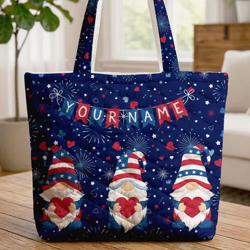 Patriotic Gnomes Your Name Bunting Fireworks Stars - Independence Day Celebration Gift Quilted Tote Bag