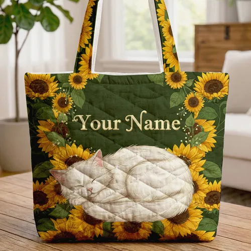 Sleeping White Cat Sunflower Wreath Floral Arrangement Everyday Tote - Cat Lover Gift Quilted Tote Bag