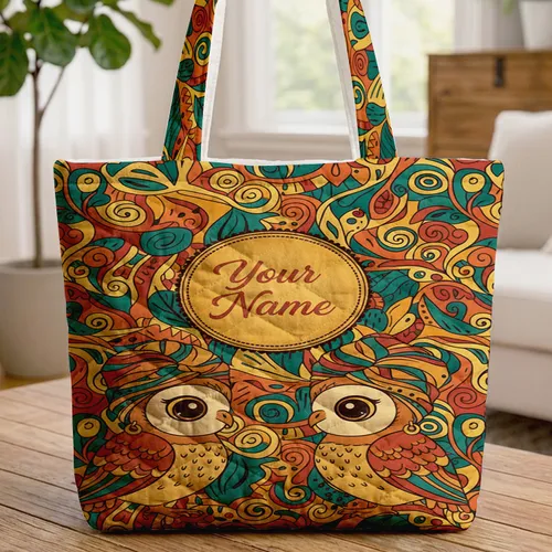 Owls Headwraps Hoop Earrings African Foliage Medallion Name - Wildlife Lover Gift Quilted Tote Bag