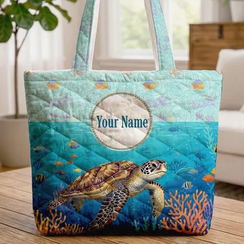 Graceful Sea Turtle Tropical Fish Coral Reef Ocean Currents - Ocean Lover Gift Quilted Tote Bag