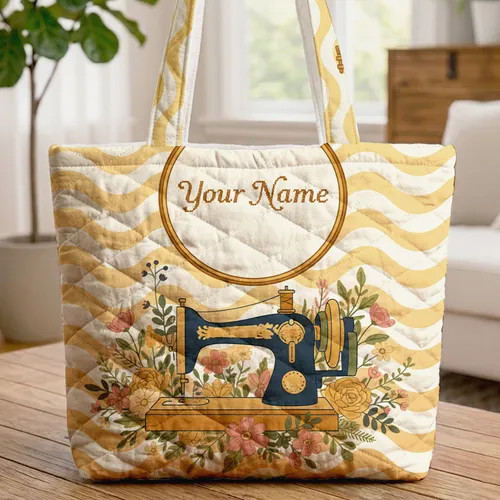 Personalized Vintage Sewing Machine Wildflowers - Sewing Enthusiast Gift Quilted Tote Bag