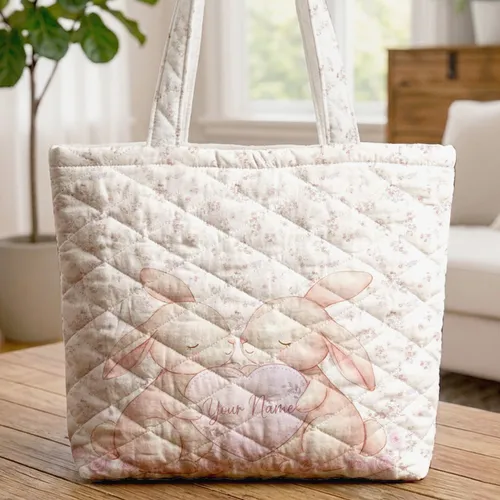 Nuzzling Bunnies Rosebuds Personalized Name Heart - Gentle Wildlife Lover Gift Quilted Tote Bag