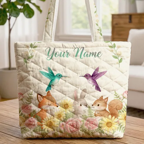 Hummingbird Floral Wreath Scrollwork - Everyday Tote Wildlife Lover Gift Quilted Tote Bag