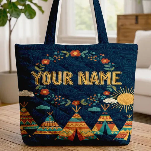 Patterned Tipis Sun Clouds Night Sky Floral Wreath Personalized Name - Home Decor Gift Quilted Tote Bag