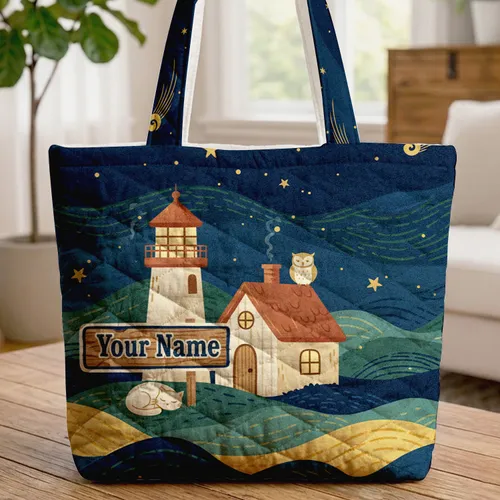 Starry Night Sky Swirls Lighthouse Cottage - Everyday Essentials Gift Quilted Tote Bag