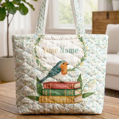Bird On Books Forget-Me-Not Lily Valley Wreath - Everyday Nature Lover Gift Quilted Tote Bag