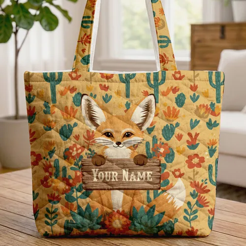 Fennec Fox Saguaro Cactus Prickly Pear Desert Flowers - Wildlife Lover Gift Quilted Tote Bag