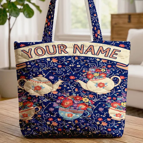 Teapots Teacups Flowers Swirling Vines Banner Your Name - Home Decor Gift for Tea Lover Quilted Tote Bag
