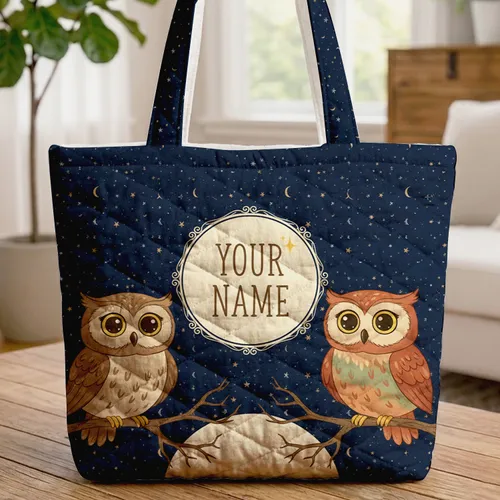 Personalized Owls Stars Moons Night Sky - Wildlife Lover Gift for Kids Quilted Tote Bag
