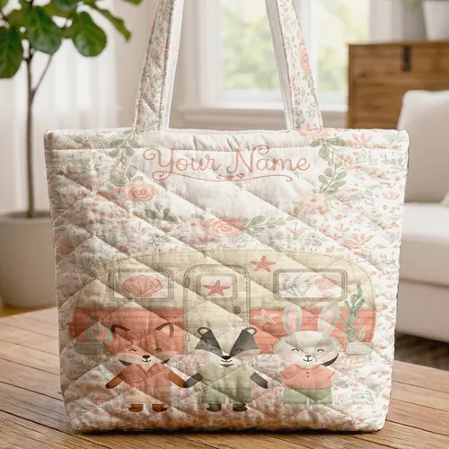 Vintage Camper Van Seashells Floral Wreath - Coastal Travel Lifestyle Gift Quilted Tote Bag