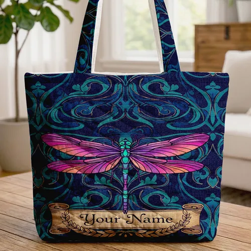 Stained Glass Dragonfly Personalized Name Swirling Waves Everyday Gift Quilted Tote Bag