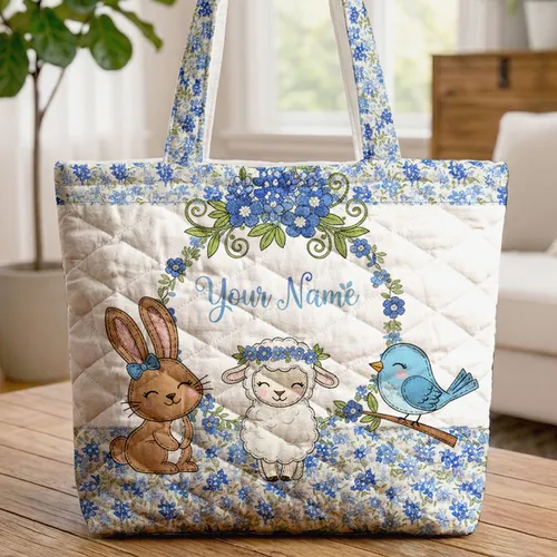 Bluebonnet Flowers Personalized Name Wreath - Everyday Floral Gift Quilted Tote Bag