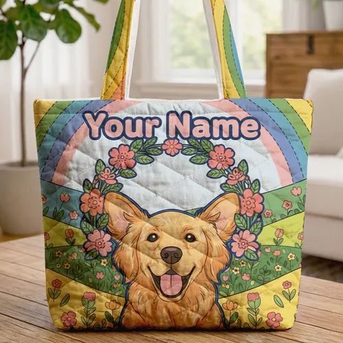 Rainbow Landscape Wildflowers Golden Retriever - Personalized Dog Lover Gift Quilted Tote Bag