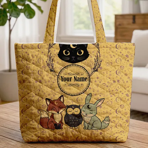 Black Cat Crescent Moon Stars Butterflies Swirling Vines - Everyday Tote for Cat Lover Quilted Tote Bag
