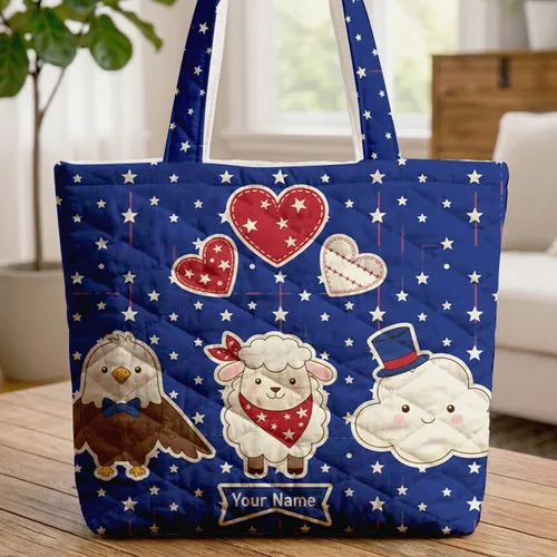 Patriotic Stars Stripes Hearts Flag Independence Day Celebration Gift Quilted Tote Bag