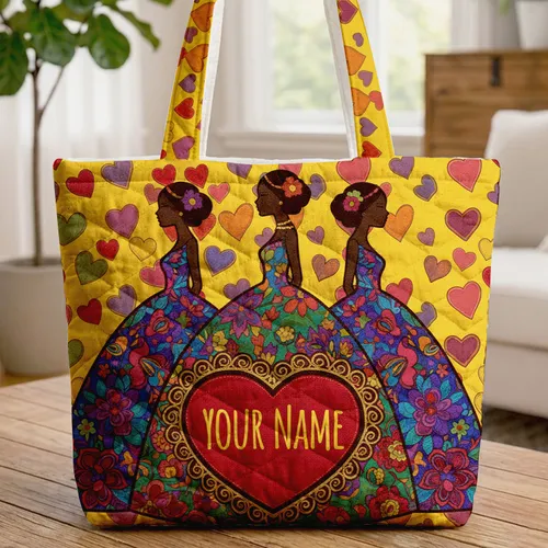 Female Figures Floral Dresses Your Name Heart Cartouche - Lifestyle Gift for Women Quilted Tote Bag