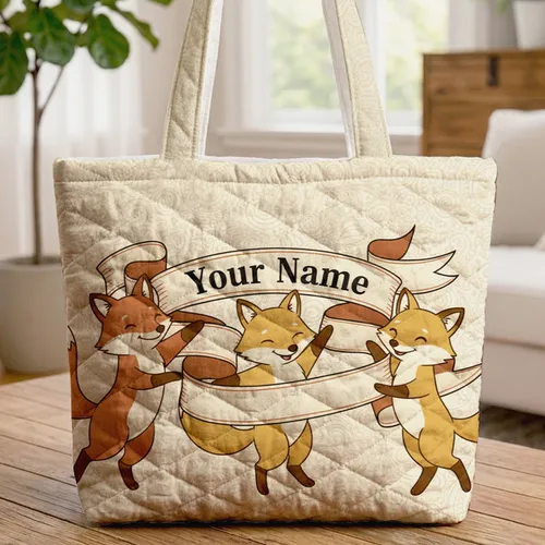 Dancing Foxes Personalized Name Ribbon - Wildlife Lover Gift for Fox Lover Quilted Tote Bag