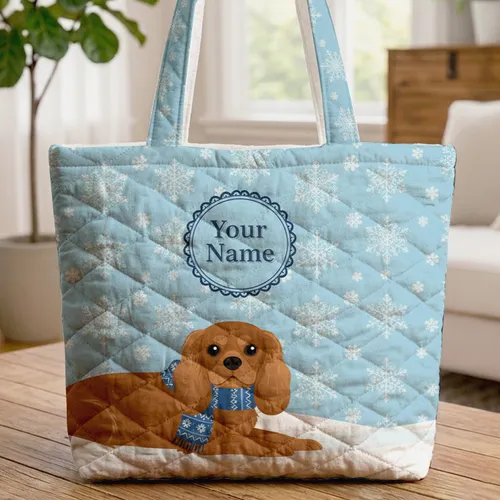 Cavalier King Charles Spaniel Snowflakes Personalized Name - Winter Holiday Dog Gift Quilted Tote Bag