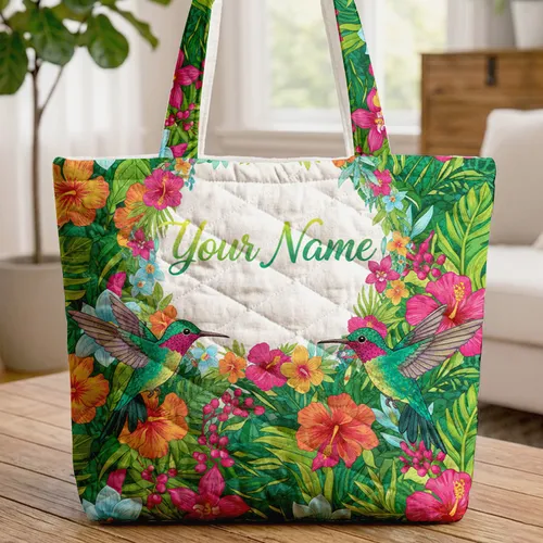Hummingbirds Hibiscus Orchid Foliage Personalized Floral Wreath - Nature Lover Gift Quilted Tote Bag