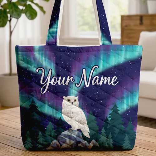 White Owl Pine Trees Aurora Borealis Night Sky - Fantasy Fan Gift Quilted Tote Bag