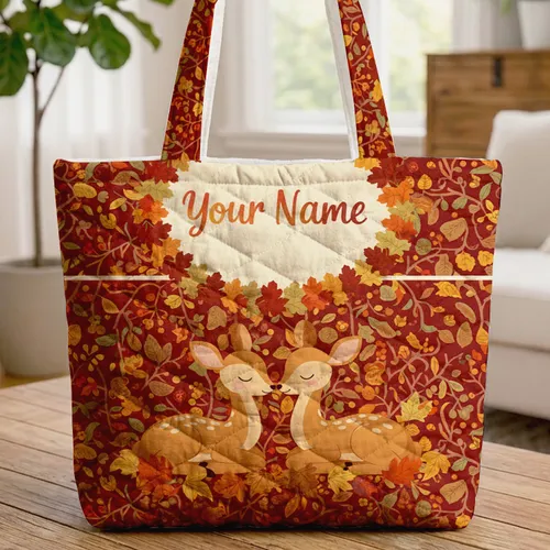 Baby Deer Nuzzling Autumn Leaves Swirling Vines Berries - Fall Nature Lover Gift Quilted Tote Bag