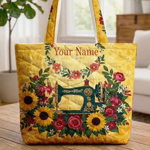 Vintage Sewing Machine Floral Wreath Sunflowers Fuchsia Garden - Crafter Home Decor Gift Quilted Tote Bag