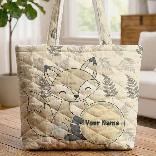 Fox Sitting Scattered Fern Leaves - Wildlife Lover Gift for Fox Lovers Essential Carryall Quilted Tote Bag