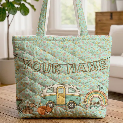 Personalized Bunting Flags Camper Van Wildflowers Camping Scene - Travel Gift Quilted Tote Bag