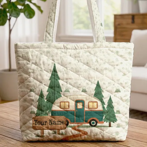 Vintage Camper Van Wooden Sign Pine Trees Stars - Farmhouse Decor Gift Quilted Tote Bag
