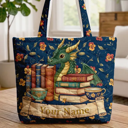 Dragon Head Books Teacups Floral Starry Accents - Book Lover Everyday Tote for Readers Quilted Tote Bag