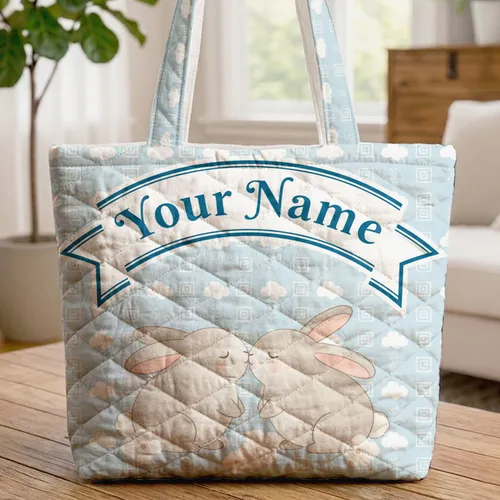 Bunnies Nuzzling Arched Name Banner Greek Motifs Clouds - Wildlife Lover Gift Quilted Tote Bag