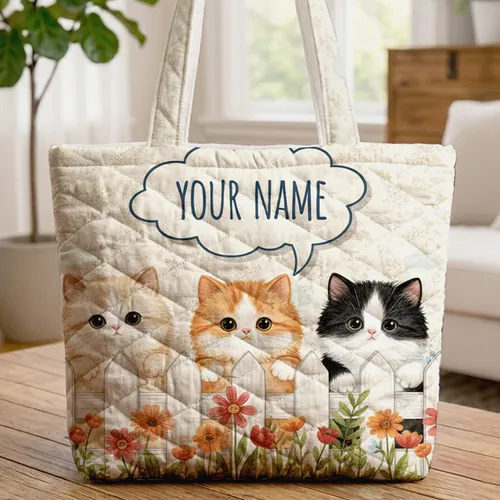 Personalized Picket Fence Kittens Wildflowers Sprigs Clouds - Everyday Cat Lover Gift Quilted Tote Bag