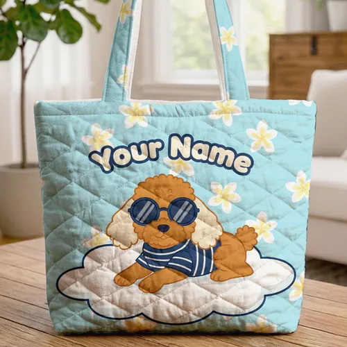 Poodle Dog Sunglasses Your Name Plumeria - Everyday Tote Quilted Tote Bag