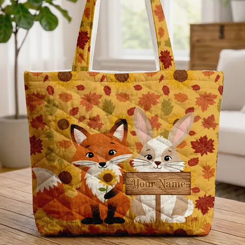 Fox Bunny Sunflower Autumn Personal Name Sign - Fall Decor Gift Quilted Tote Bag