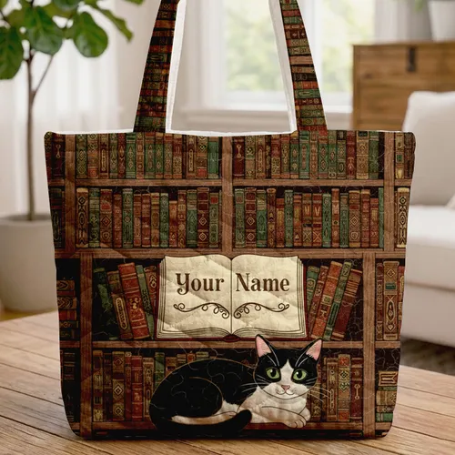 Black And White Cat Vintage Bookshelf - Book Lover Home Decor Gift For Readers Quilted Tote Bag