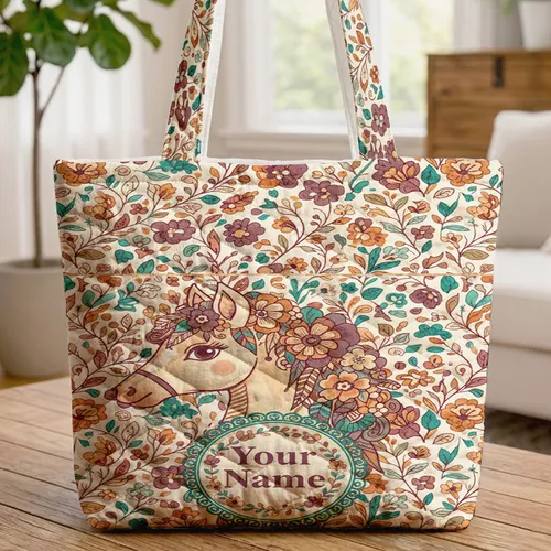 Ornate Floral Mane Feathered Horse Head Name Medallion - Horse Lover Everyday Use Gift Quilted Tote Bag